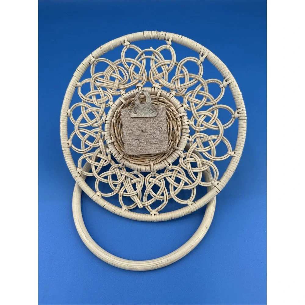 Vintage Rattan Ivory Wicker Towel Holder Boho MCM Beach Shabby Eclectic